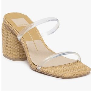 Dolce Vita Natie Clear strap jute block heels.